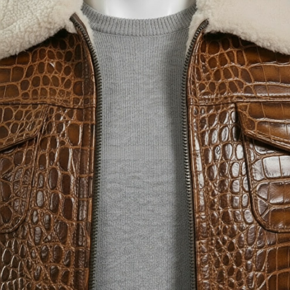 Brown Textured Leather Jacket Mens Winter Coat with Shearling Collar - Image 6