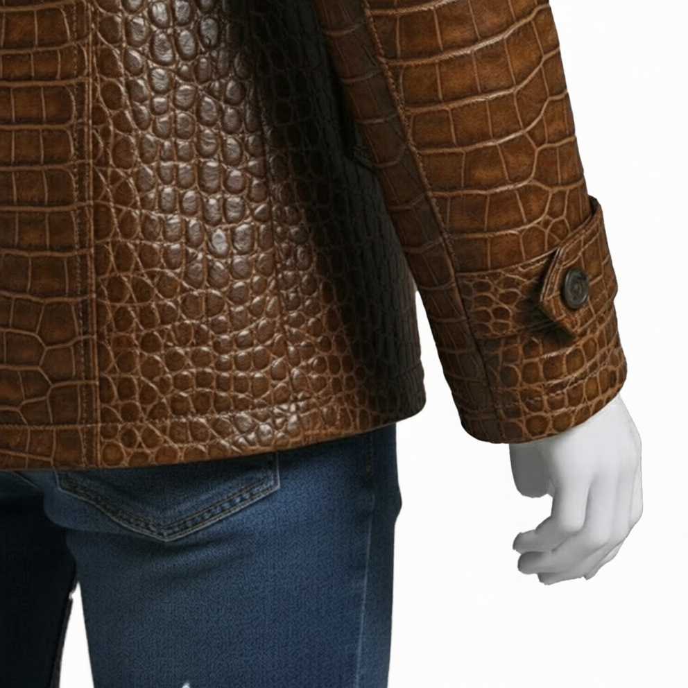 Embossed Brown Leather Coat Mens Double Breasted Jacket - Image 6
