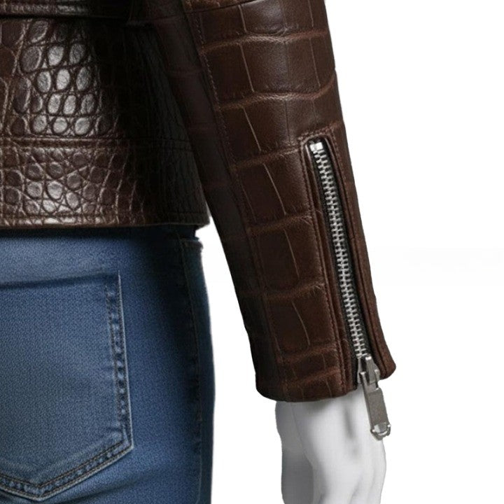 Embossed Brown Leather Moto Jacket Asymmetrical Zip Belted Waist - Image 5