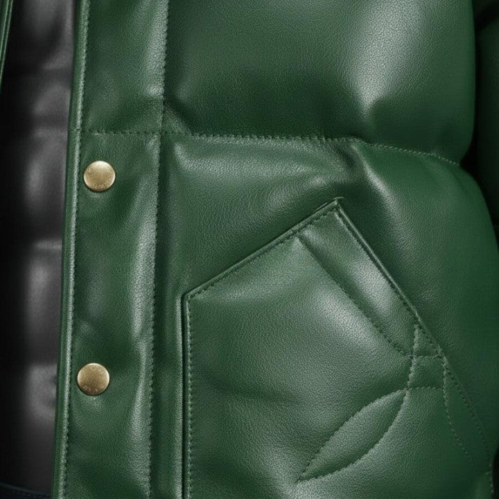 Mens Green Leather Puffer Jacket Yellow Yoke Winter Coat - Image 6