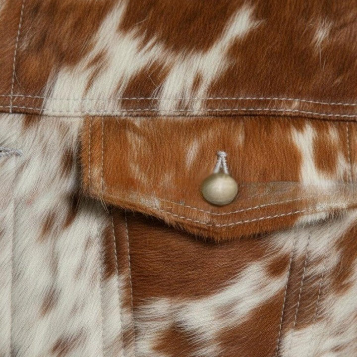 Mens Hair On Cowhide Trucker Jacket Rust Brown Ivory Western Outerwear - Image 6