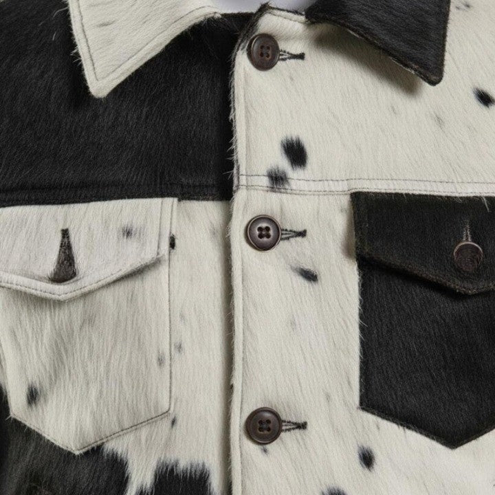 Mens Hair On Cowhide Trucker Jacket Black White Western Style - Image 6