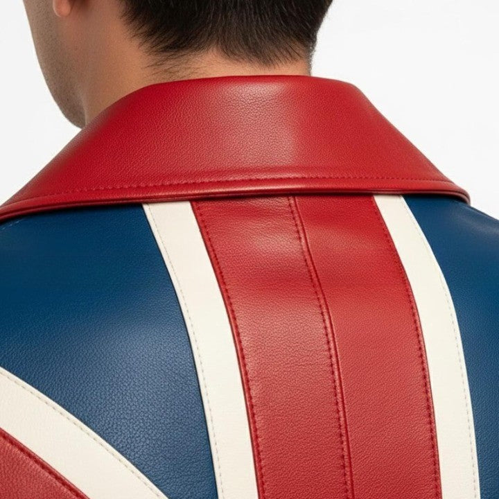 Genuine Leather Long Color Block UK Flag Coat with Geometric Panel Design - Image 5
