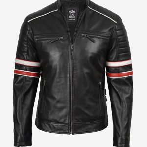 Men’s Black Cafe Racer Leather Jacket with Red & White Stripes