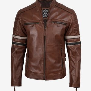 Men's Cognac Brown Leather Racer Jacket with Black and Beige Stripes