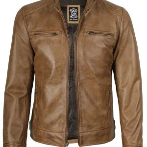 Real Leather Men's Camel Brown Cafe Racer Jacket