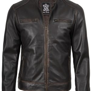 Men's Rub-Off Dark Brown Cafe Racer Style Leather Jacket