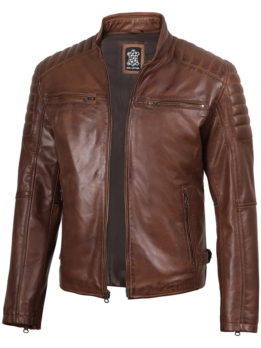 Mens Cognac Brown Cafe Racer Style Leather Jacket - Image 3