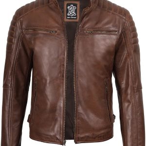 Mens Cognac Brown Cafe Racer Style Leather Jacket