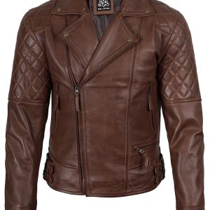 Mens Dark Brown Quilted Asymmetrical Leather Biker Style Jacket