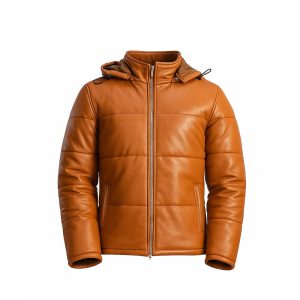 Hooded Puffer Leather Jacket Brown