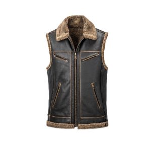 Men’s Black Vest With Brown Shearling Lining – Gilet with Zipper Pockets
