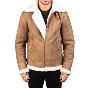 Men’s Fur Collar Distressed Brown Leather Bomber Jacket