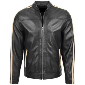 Men’s Black Leather Jacket with White Racing Stripes