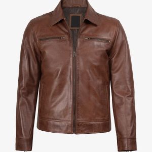 Men’s Cognac Brown Lambskin Leather Jacket with Shirt Collar