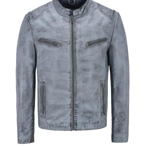 Men’s Distressed White Leather Jacket – Vintage Cafe Racer