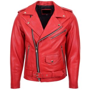 Men’s Red Leather Biker Jacket – Moto Style
