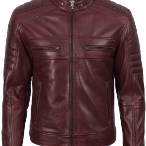 Mens Burgundy Cafe Racer Style Leather Jacket