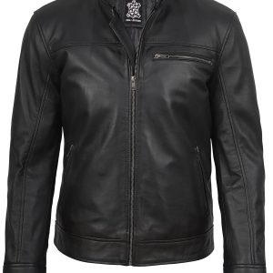 Mens Black Cafe Racer Style Real Leather Jacket