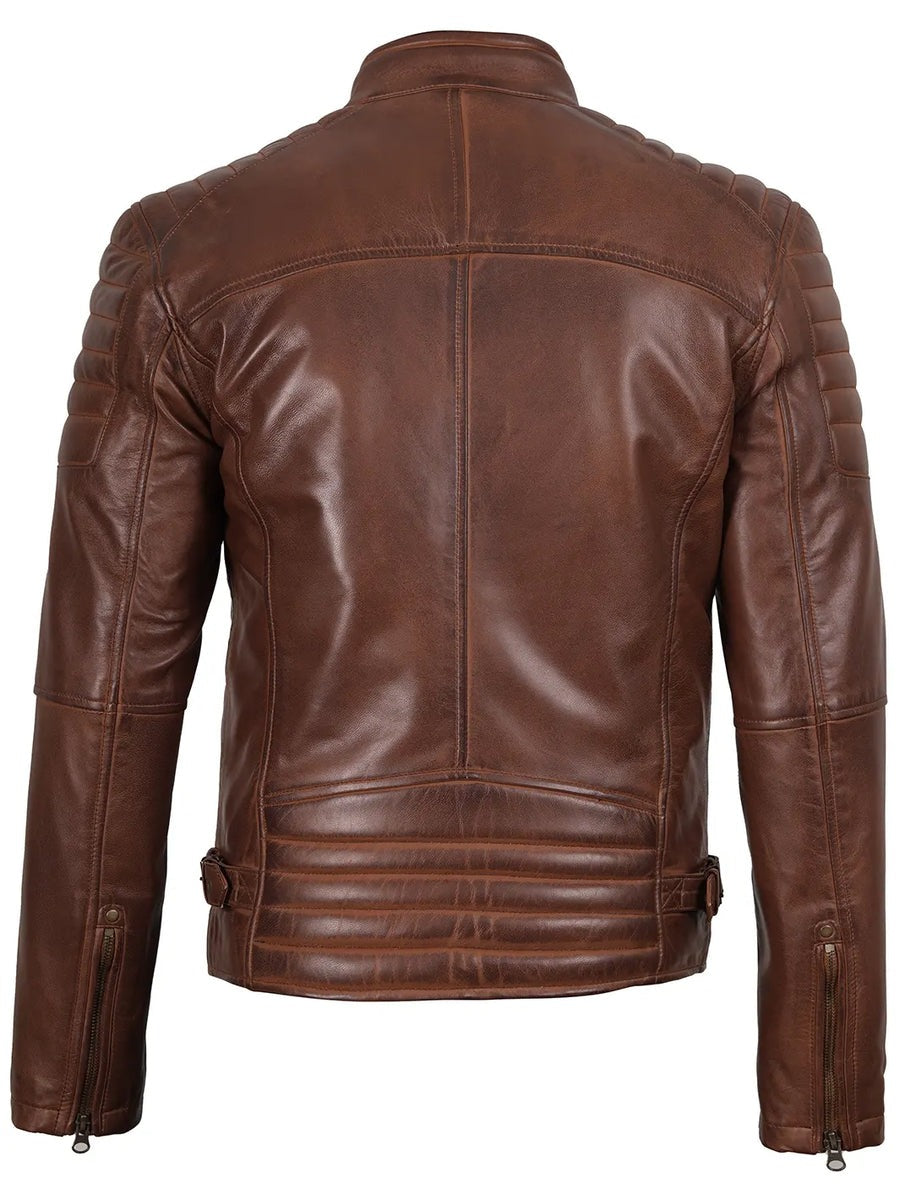 Mens Cognac Brown Cafe Racer Style Leather Jacket - Image 2