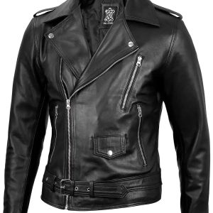 Men's Black Asymmetrical Belted Leather Biker Style Jacket