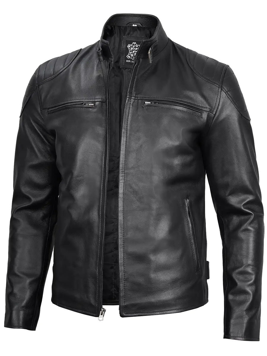 Men's Black Biker Style Leather Jacket - Image 3
