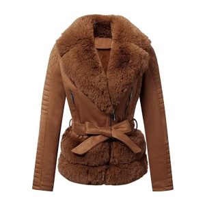 Women Brown Quilted Fur Leather Jacket