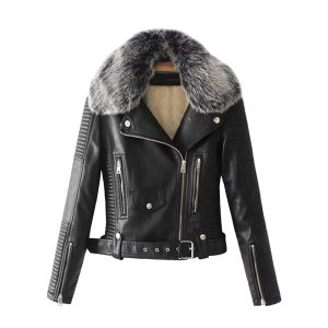 Women Shearling Black Leather Jacket