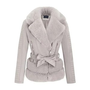 Women’s Gray Quilted Fur Leather Jacket