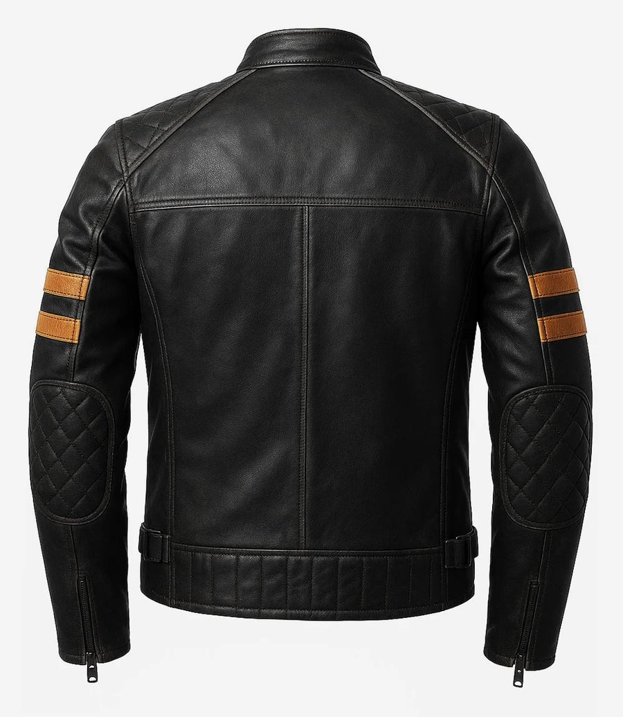 Mens Black Biker Style Leather Jacket with Tan Accent Stripes - Image 2