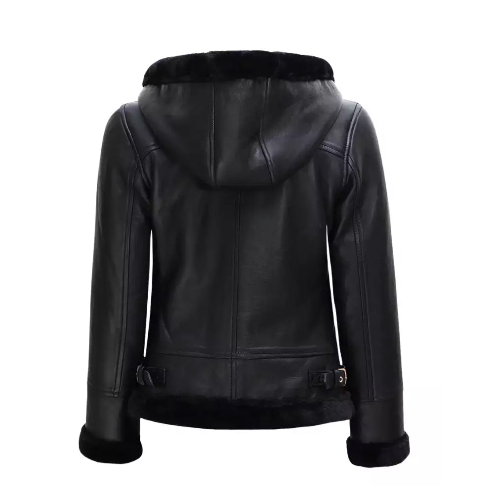 Women’s Black Shearling Leather Jacket With Hood - Image 2