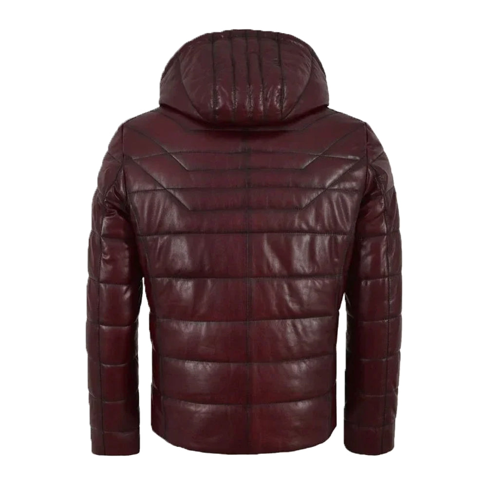 Hooded Leather Puffer Padded Jacket Cherry - Image 2