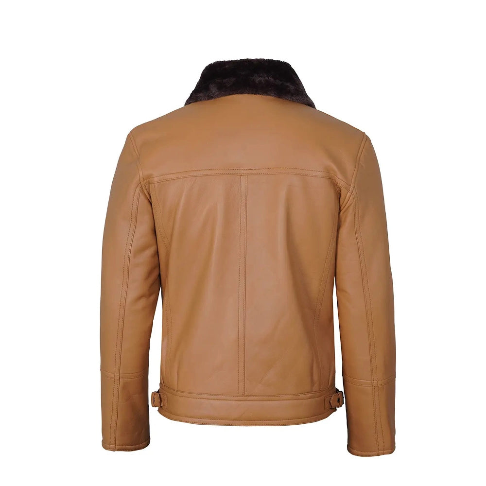 Men’s Shearling Leather Moto Jacket – Camel Color - Image 2