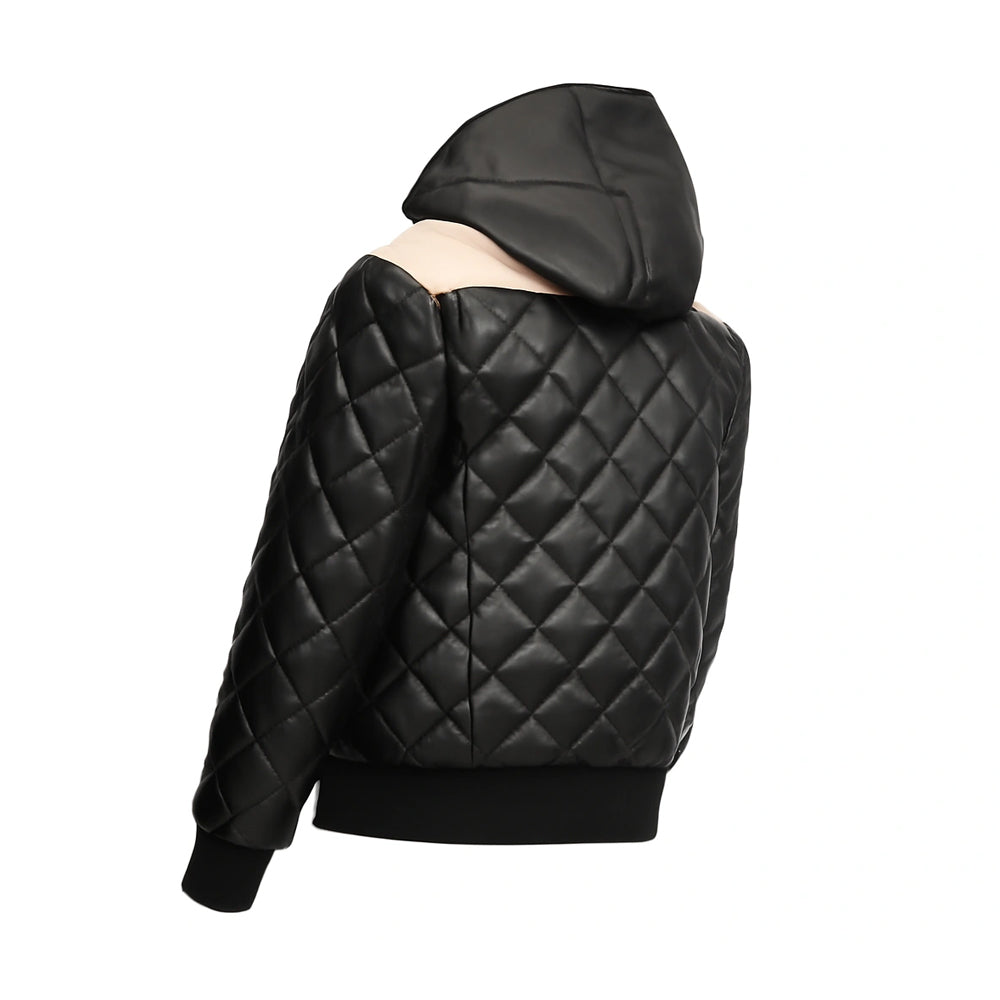 Hooded Bomber Puffer Leather Jacket Black - Image 2