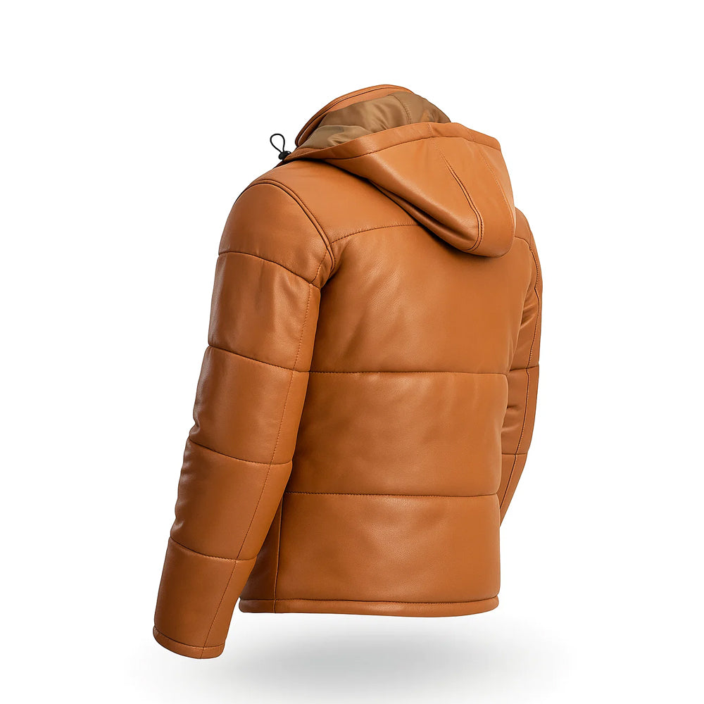 Hooded Puffer Leather Jacket Brown - Image 2