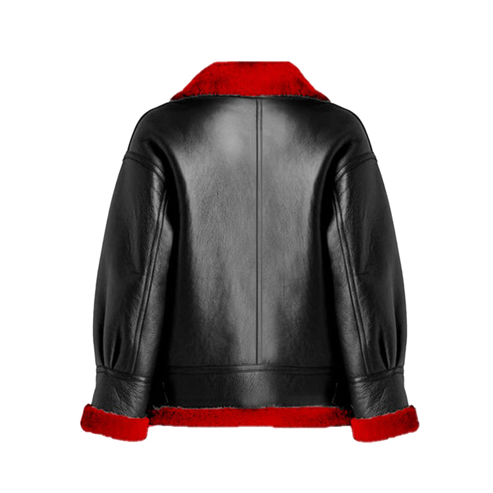 Women’s Aviator Leather Jacket with Red Shearling - Image 2