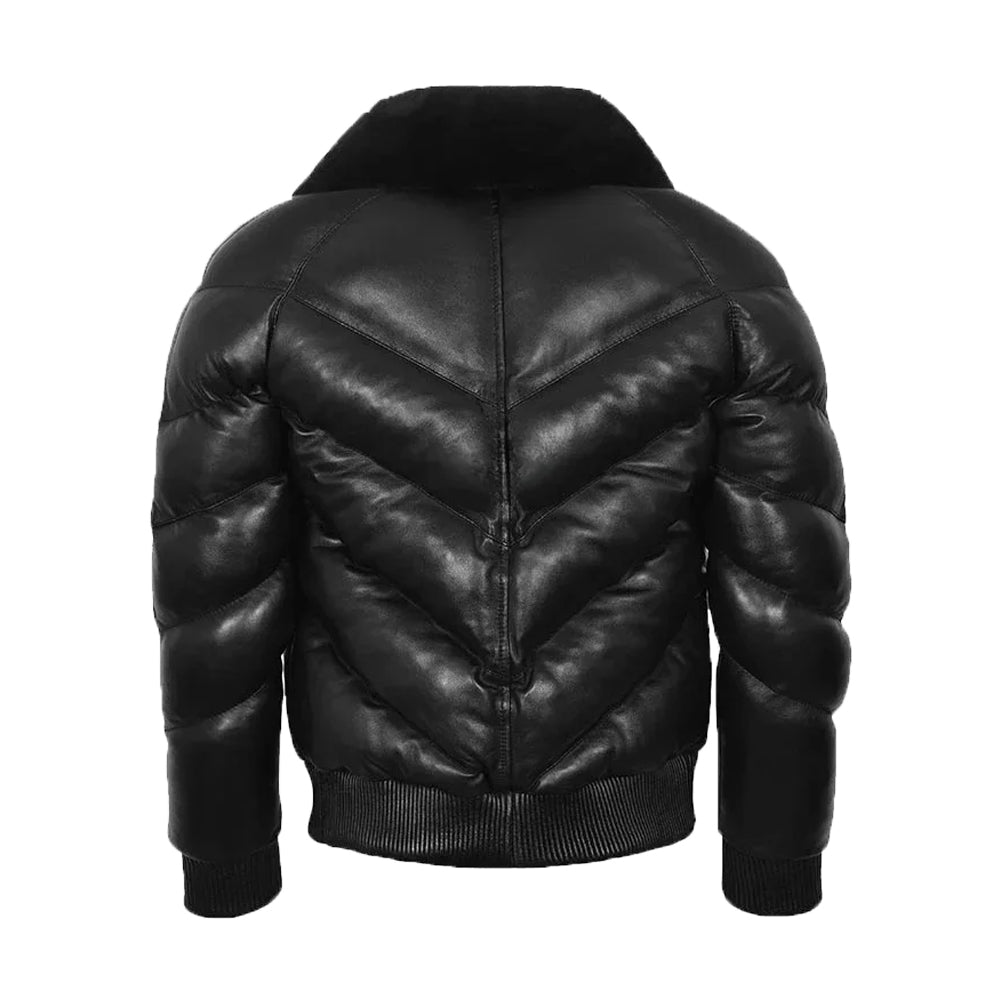 Puffer Padded Fur Bomber Leather Jacket Black - Image 2