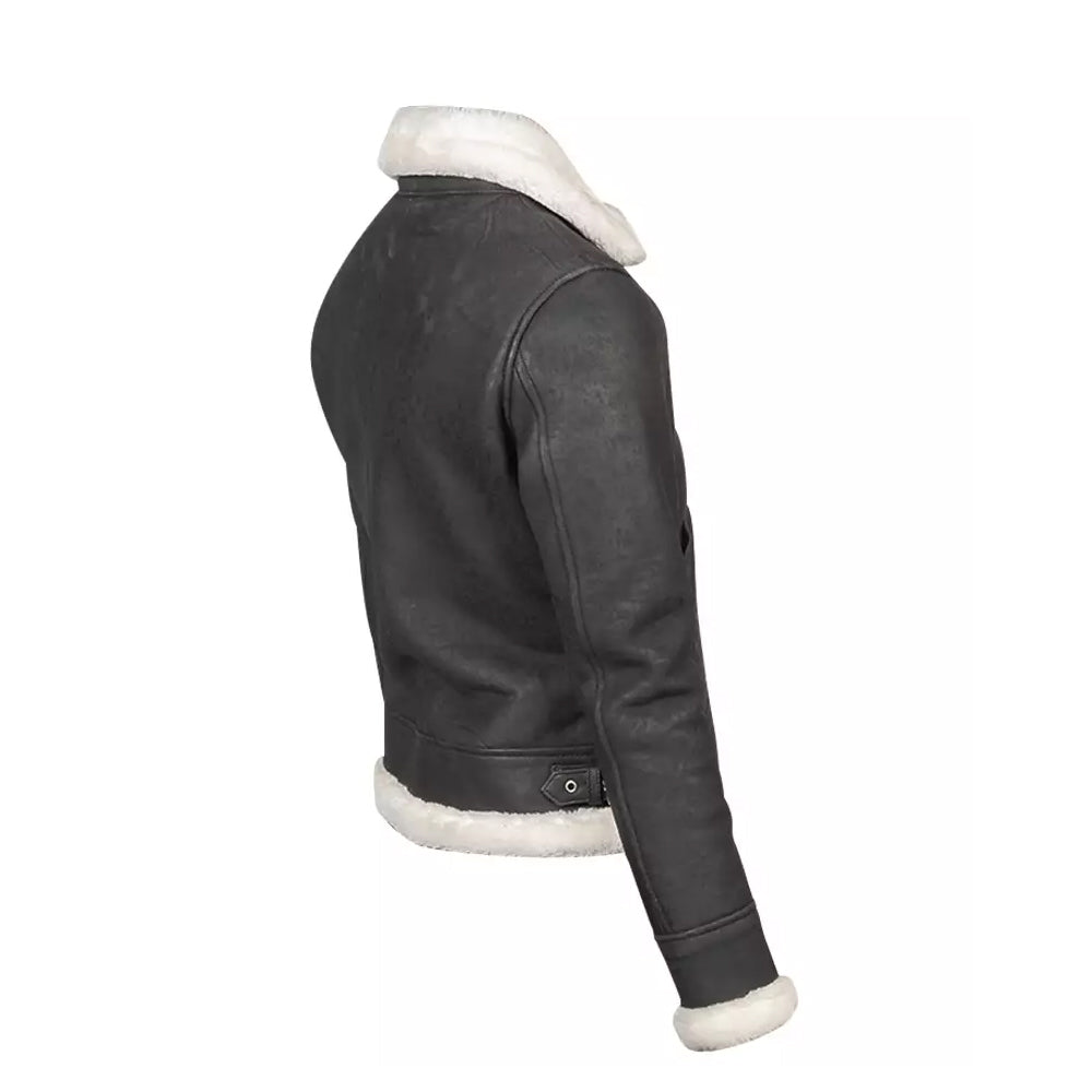 Women White Shearling Fur Leather Bomber Grey Jacket - Image 2