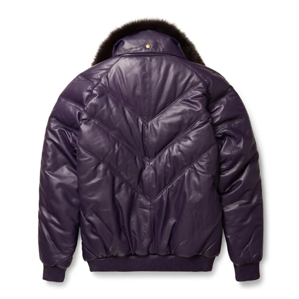 Men's Purple Leather V- Puffer Jakcet - Image 2