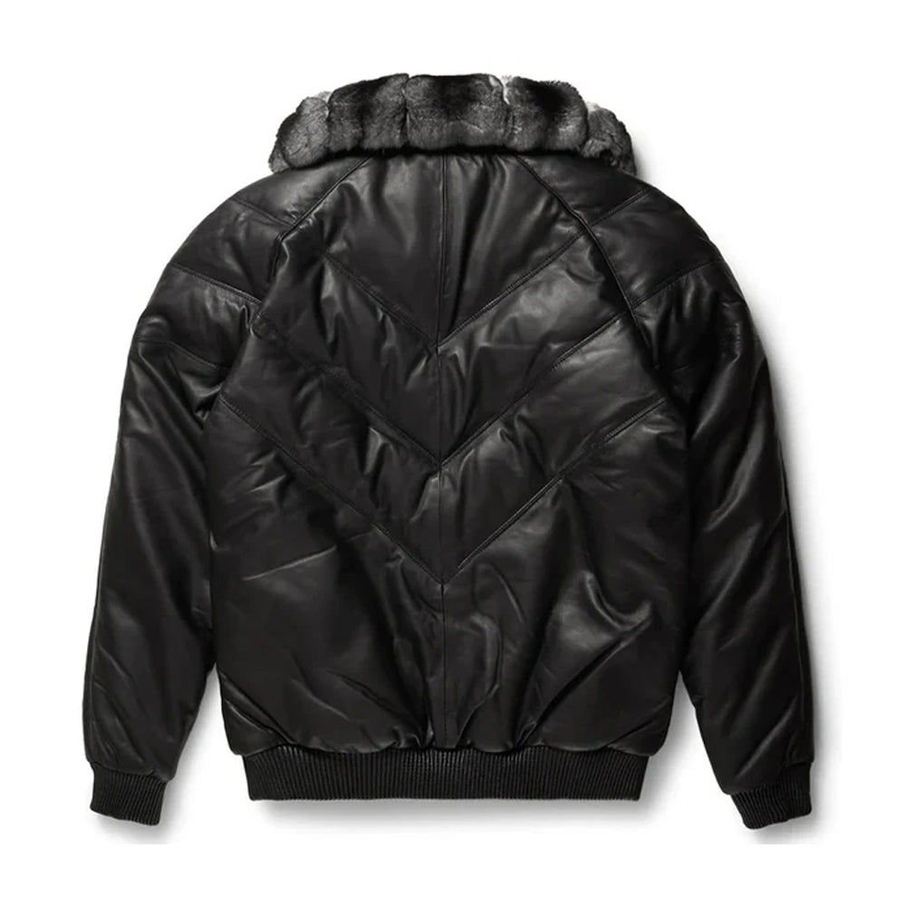 Men's Black Leather Puffer Jacket - Image 2