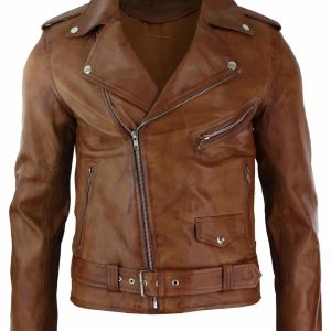 Real Leather Slim Fit Cross Zip Mens Retro Vintage Brando Jacket Vintage Biker-Tan