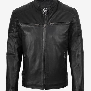 Men’s Black Cafe Racer Leather Jacket with Padded Shoulders