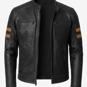 Mens Black Biker Style Leather Jacket with Tan Accent Stripes