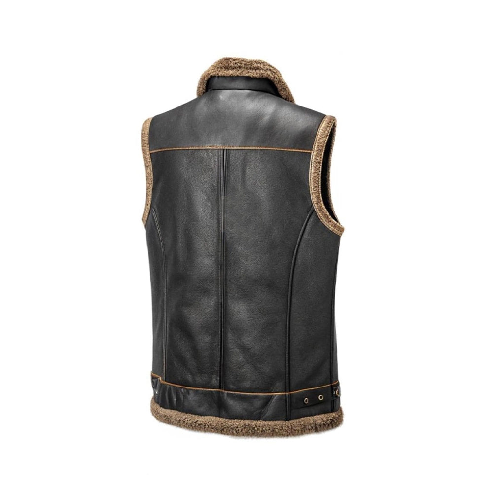 Men’s Black Vest With Brown Shearling Lining – Gilet with Zipper Pockets - Image 2