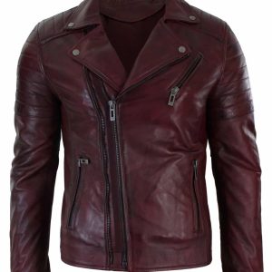 Real Leather Slim Fit Cross Zip Retro Vintage Brando Mens Jacket Vintage Biker-Burgundy