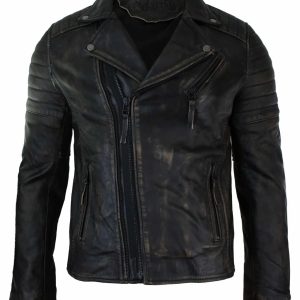 Mens Black Biker Genuine Leather Jacket